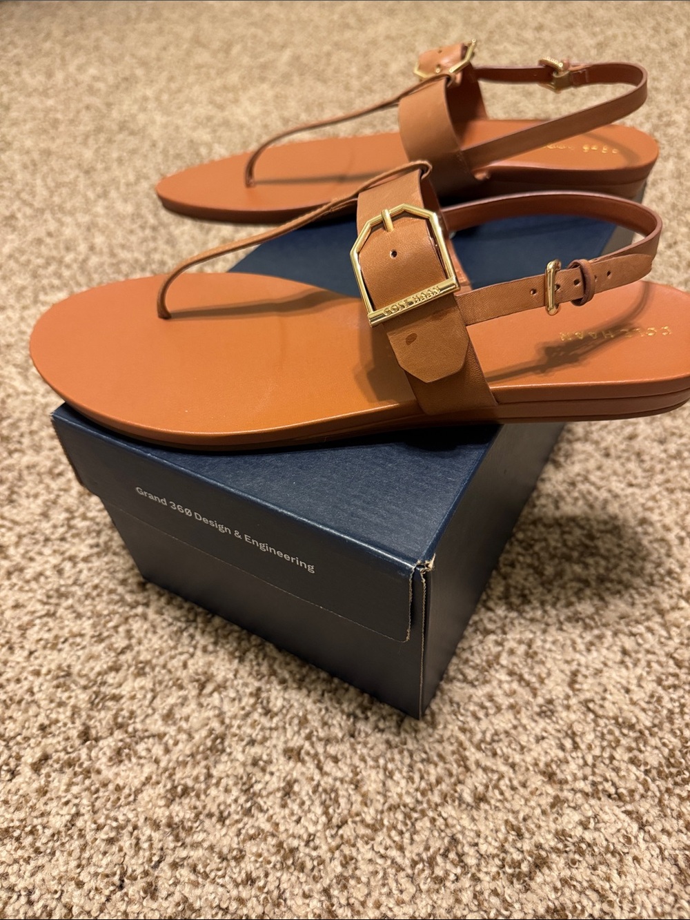 Cole Haan Women's Brown Vegan Leather T-Strap Sandals with Gold Buckle
